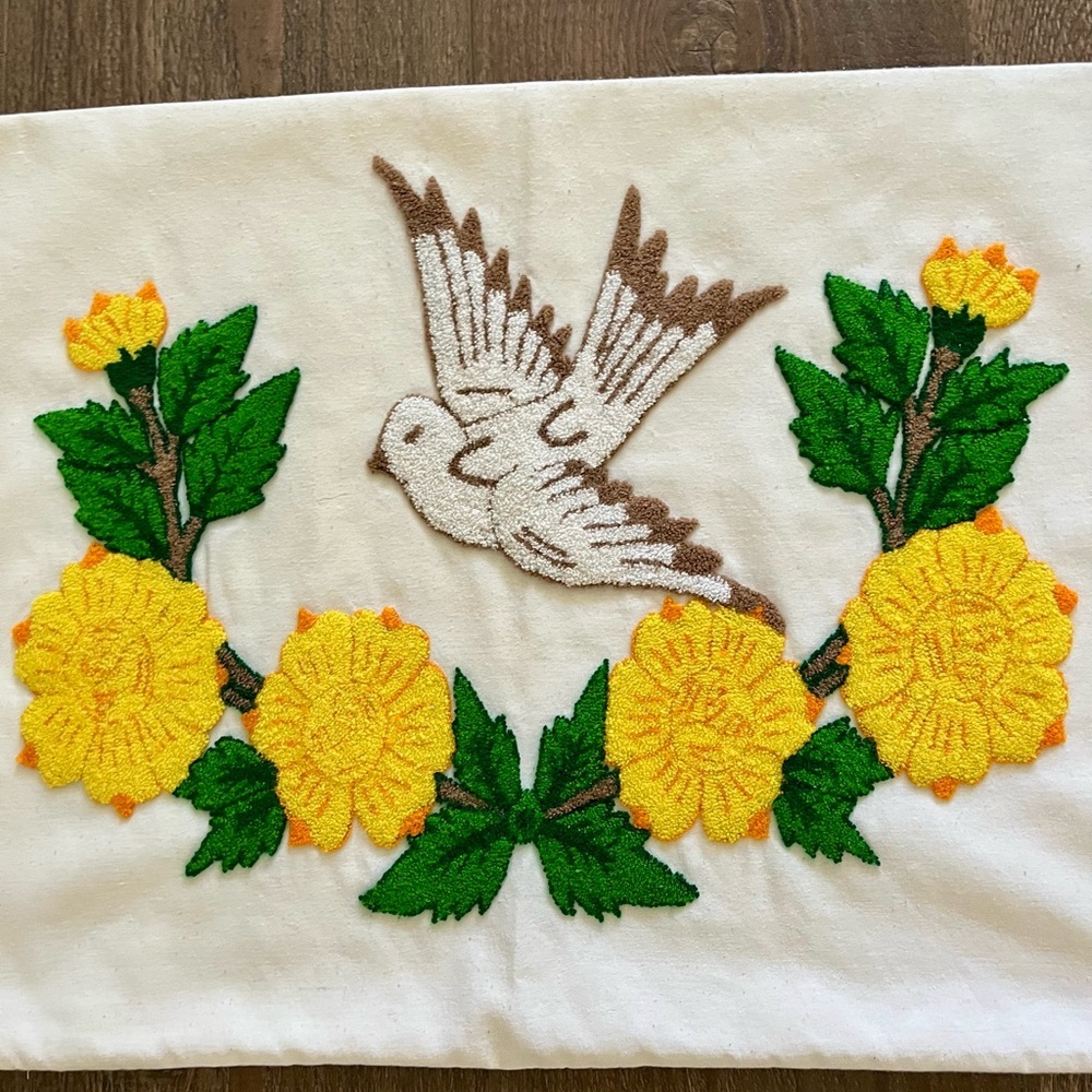 Embroidered Bird and Floral Pillow 17/25 inches - Picture 8 of 12